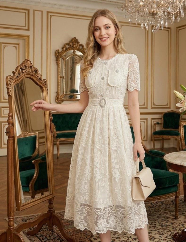 knee length dresses for ladies Vintage Lace Short Sleeves Illusion Round Neck A-Line Short Wedding Dresses, CW0388 US12 / Custom Color(Leaving A note) main image 0