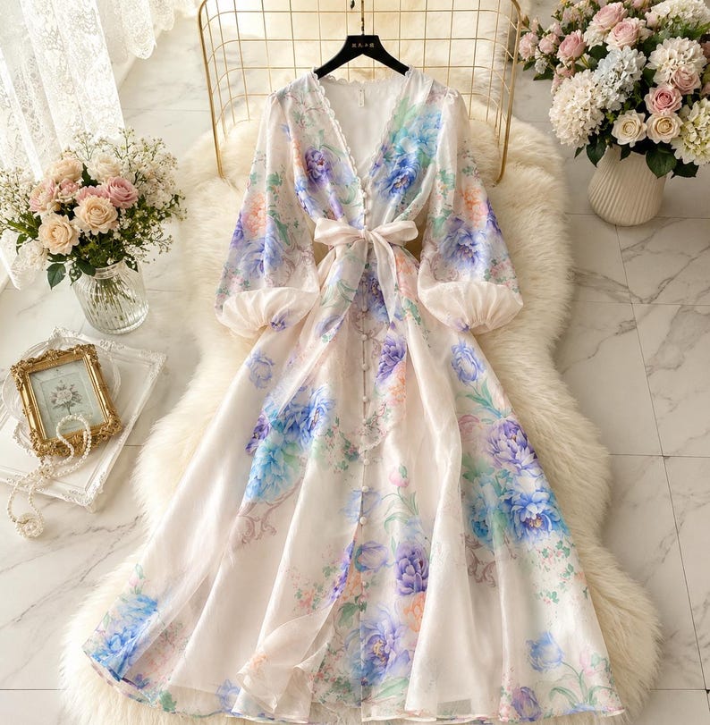 Puede incluir: Un vestido midi de manga larga en color crema claro con un estampado floral vibrante en tonos azul, morado y melocot&oacute;n. El vestido tiene un escote en V, cierre frontal de botones y un lazo de tela en la cintura. Las mangas son abullonadas y fruncidas en los pu&ntilde;os, y la falda tiene una silueta fluida en forma de A.