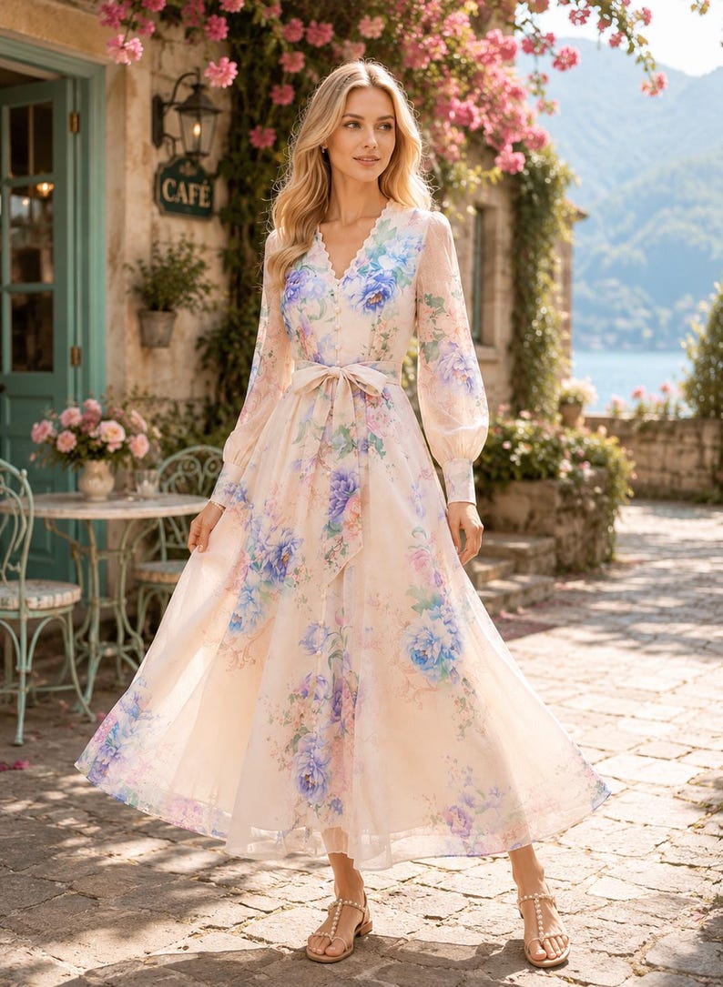 Puede incluir: Un vestido de manga larga y largo hasta el suelo en color crema claro con un vibrante estampado floral en tonos azules, morados y verdes. El vestido tiene un escote en V, cierre frontal de botones y un cintur&oacute;n de tela a juego.
