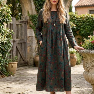 elegant cotton autumn dress Deep Green Cotton Tiered Maxi Dress, Belted Gown, Autumn Clothing, Bohemian Dress, Spring Long Dress, XS / Burgundy