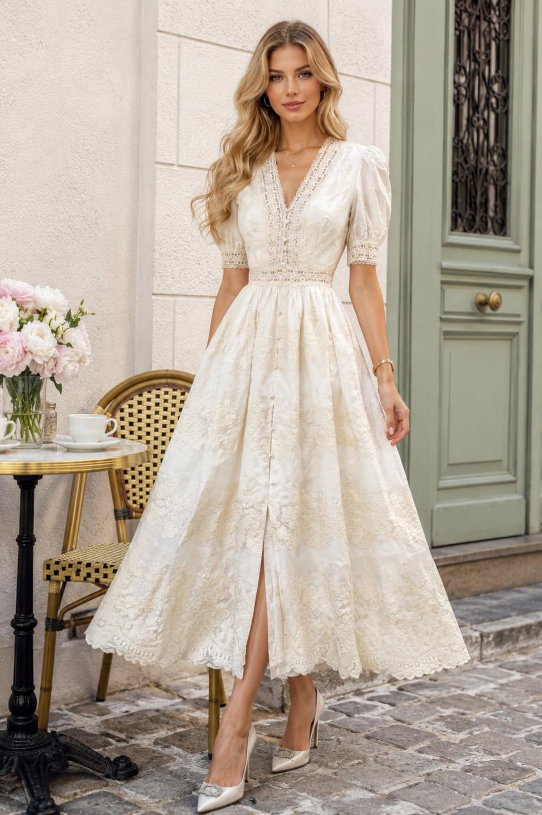 Retro V-neck Bubble Sleeve Embroidered Dress High Waist Cinching