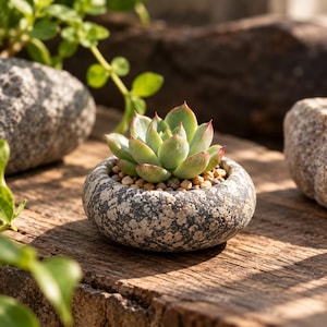 May include: A small, round, speckled gray stone planter containing a green succulent with reddish-tipped leaves. The succulent is nestled in a bed of small, light brown pebbles within the textured, circular stone container.
