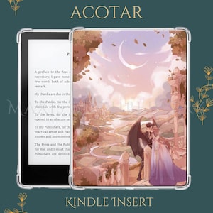 May include: A Kindle insert featuring the text "ACOTAR" and a romantic illustration of a couple with wings in a fantasy setting. The insert is designed with a digital download theme, and the words "Kindle Insert" are also visible.