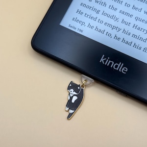 Op de afbeelding: Een zwarte Kindle e-reader met tekst uit een Harry Potter-boek, voorzien van een kleine, bungelende metalen bedel in de vorm van een zwart-witte kat die met een doorzichtige plastic clip aan de onderrand is bevestigd.