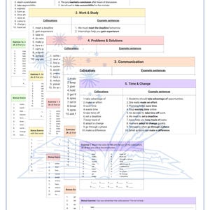 May include: A study guide titled "B2 Collocations 1" with sections on decisions, work, problems, communication, and time. Includes example sentences and exercises. The guide is designed for English language learners.