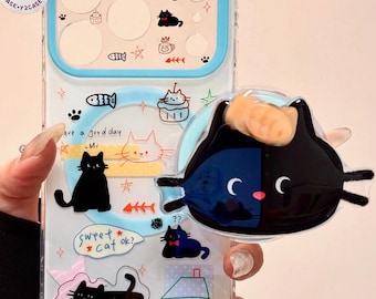 Cute Black Cat MagSafe Case with Grip Stand & Beaded Charm, Kawaii Clear Blue Kitten Cover iPhone 17 16 15 14 13 Pro Max Coquette Pet Gift