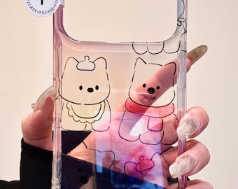 Kawaii Holographic Bear Case with Beaded Charm, Iridescent Clear Cover for iPhone 17 16 15 14 13 Pro Max, Cute Y2K Aesthetic Animal Gift