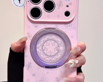 Cute Pink Magic Circle Case with Ring Stand Grip, Anime Magical Girl Cover iPhone 17 16 15 14 13 Pro Max, Kawaii Sailor Moon Vibe Gift