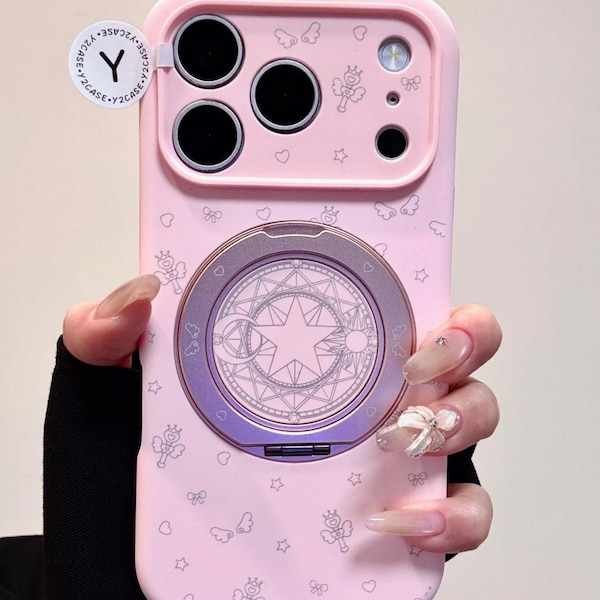 Cute Pink Magic Circle Case with Ring Stand Grip, Anime Magical Girl Cover iPhone 17 16 15 14 13 Pro Max, Kawaii Sailor Moon Vibe Gift