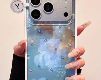 Pastel Star Cloud Sky Blue Case with Beaded Charm, Kawaii Y2K Soft Clear Silicone Cover iPhone 17 16 15 14 13 Pro Max, Aesthetic Cute Gift