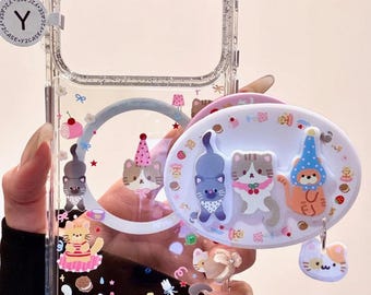 Cute Puppy Party MagSafe Case with Dog Trio Grip, Glitter Star Clear Cover iPhone 17 16 15 14 13 Pro Max, Kawaii Pet Lover Coquette Gift