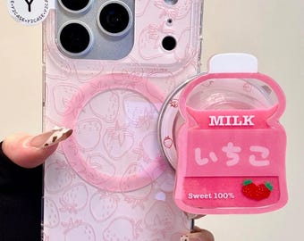 Bonita funda MagSafe para iPhone con diseño de fresa y leche, agarre y colgante Ichigo, estética japonesa rosa kawaii, funda suave para iPhone 17, 16, 15 y 14