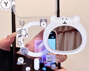 Cute White Bear MAGSAFE Case with Mirror Grip & Beaded Charm, Kawaii Clear Black Cover iPhone 17 16 15 14 13 Pro Max, Y2K Coquette Cute Gift