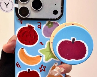 Cute Fruit Salad Case with Grip Stand, Blue Summer Pattern Cover iPhone 17 16 15 14 13 Pro Max, Kawaii Apple Pomegranate Aesthetic Gift