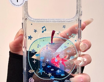 Cute Goldfish Bowl Glitter Case & Charm, Sea Ocean Animal Cover iPhone 17 16 15 14 13 Pro Max, Kawaii Blue Apple Aquarium Aesthetic Gift