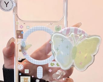 Pastel Butterfly MagSafe Case, Y2K Grid Grip & Pearl Beaded Charm, Clear Silver Cover iPhone 17 16 15 14 13 Pro Max, Cute Spring Gift