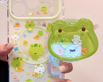 Kawaii Frog MAGSAFE Case with Frog Shaker Grip & Beaded Charm, Cute Green Clear Cover iPhone 17 16 15 14 13 Pro Max, Y2K Coquette Gift Set!!