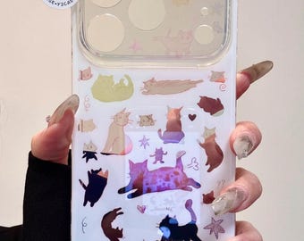 Cute Watercolor Cat Clear Case & Purple Bow Beaded Charm, Kawaii Kitten Full Protection Cover iPhone 17 16 15 14 13 Pro Max Y2K Animal Gift