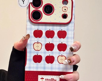 Cute Red Apple Plaid Leather Case with Kitty Charm, Cottagecore Fall Cover iPhone 17 16 15 14 13 Pro Max, Kawaii Gingham Aesthetic Gift