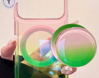Pink Green Gradient MAGSAFE Case with Round Grip & Beaded Charm Clear Silicone Kawaii Y2K Cover iPhone 17 16 15 14 13 Pro Max, Coquette Gift