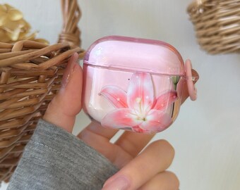 Pink Lily Pink AirPods Case with Charm, Kawaii Coquette Cute Aesthetic Cover for AirPods Pro 3 2 1 & AirPods 4 3 2 1, Gift for Her!