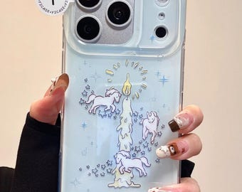 Cute Dreamy Unicorn Candle Case with Star Charm, Pastel Blue Cover iPhone 17 16 15 14 13 Pro Max, Kawaii Soft Celestial Fantasy Gift