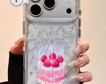 Sött jordgubbstårta genomskinligt skal med pärlberlock, holografiskt glitterskal iPhone 17 16 15 14 13 Pro Max, kawaii kokett födelsedagspresent
