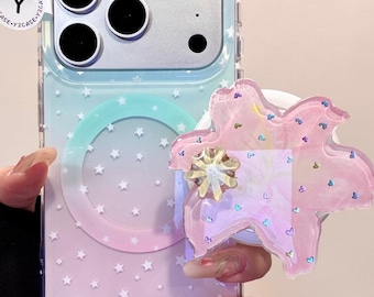 Pink Lily Flower MAGSAFE Case with Grip & Beaded Charm, Kawaii Pastel Clear Star Cover iPhone 17 16 15 14 13 Pro Max, Y2K Coquette Gift Cute