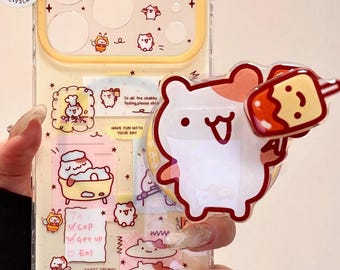 Kawaii Hamster Popsicle Case with 3D Grip & Beaded Charm, Cute Yellow Y2K Aesthetic Cover iPhone 17 16 15 14 13 Pro Max, Birthday Gift Her