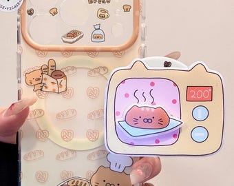 Baker Cat MAGSAFE Case with Oven PopSocket Holder & Beaded Charm, Kawaii Clear Beige Cover iPhone 17 16 15 14 13 Pro Max, Y2K Coquette Gifts