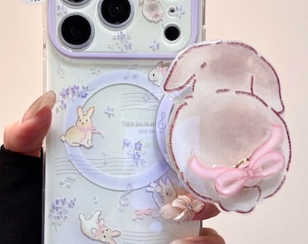 Floral Bunny MagSafe Case with Bow Rabbit Grip & Beaded Charm, Lavender Coquette Cover for iPhone 17 16 15 14 13 Pro Max Y2K Gift