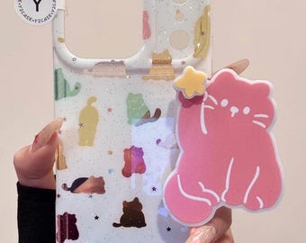 Cute Pink Cat Case with Cat Grip & Beaded Charm, Kawaii Y2K Clear Glitter Cover iPhone 17 16 15 14 13 Pro Max, Coquette Gift Aesthetic Phone