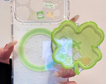 Lucky Clover Animals Green MAGSAFE Case with Clover Grip & Charm, Kawaii Y2K Clear Cover iPhone 17 16 15 14 13 Pro Max, Coquette Gift Kawaii