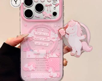 Cute Pink Pony MagSafe Case with Grip Stand & Charm, Kawaii Unicorn Cover iPhone 17 16 15 14 13 Pro Max, Coquette Fairycore Pastel Gift
