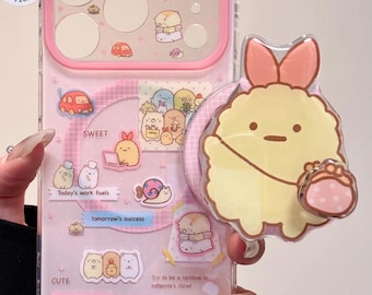 Sumikko Gurashi Ebi-fry Case with Shrimp Tail Grip & Beaded Charm, Kawaii Pink Phone Cover iPhone 17 16 15 14 13 Pro Max, Aesthetic Gift