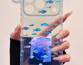 Funda azul holográfica con forma de pez y llavero, funda transparente con purpurina Kawaii para iPhone 17 16 15 14 13 Pro Max, regalo con estética oceánica Y2K Coquette