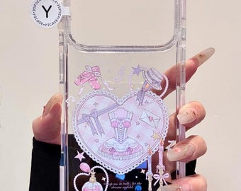 Cute Coquette Balletcore Pink Case with Beaded Charm, Kawaii Clear Heart Bow Dress Cover iPhone 17 16 15 14 13 Pro Max Y2K Coquette Gift Set