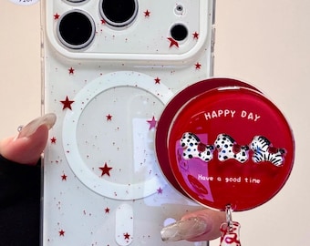 Schattige rode ster MagSafe-hoesje met magnetische zebragreep en bedel, doorzichtige volledig beschermende hoes iPhone 17 16 15 14 13 Pro Max Kawaii Y2K-cadeau