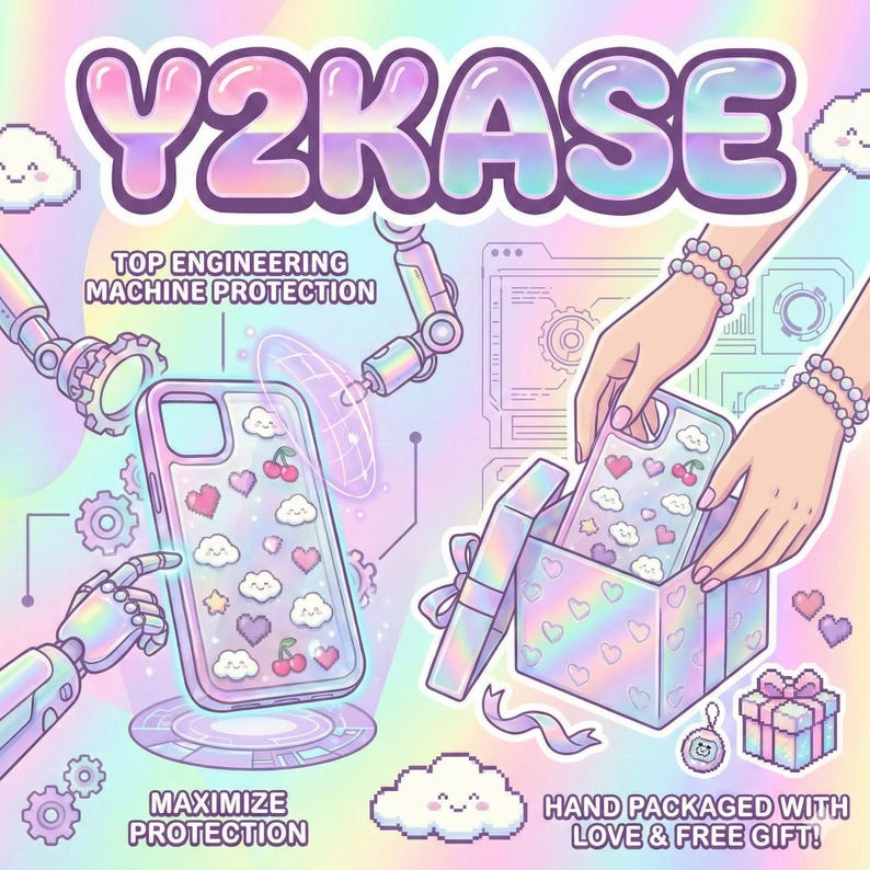 Puede incluir: Anuncio ilustrado de fundas para tel&eacute;fonos Y2KASE. La imagen presenta una funda transparente con un patr&oacute;n de corazones, nubes y cerezas. El texto incluye "TOP ENGINEERING MACHINE PROTECTION", "MAXIMIZE PROTECTION" y "HAND PACKAGED WITH LOVE & FREE GIFT!"