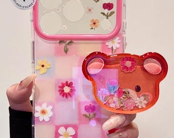 Pink Bear Kawaii Case with Grip & Beaded Charm, Checkered Flower Clear Cover iPhone 17 16 15 14 13 Pro Max, Y2K Coquette Gift Aesthetic Cute