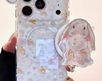 Kawaii Floral Bunny MagSafe Case, Daisy Rabbit Grip & Pearl Bow Charm, Glitter Clear Cover iPhone 17 16 15 14 13 Pro Max Coquette Gift