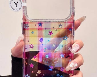 Rainbow Stars Clear Case with Beaded Charm, Kawaii Y2K Plaid Holographic Starry Cover iPhone 17 16 15 14 13 Pro Max, Aesthetic Coquette Gift