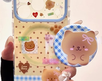 Kawaii Biscuits Bear MagSafe Case with Bow Bear Grip & Beaded Charm, Blue Gingham Cover iPhone 17 16 15 14 13 Pro Max, Cute Retro Gift