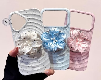 Coquette Satin Flower MAGSAFE Case with Grip & Charm, Kawaii Blue Pink Polka Dot Cover iPhone 17 16 15 14 13 Pro Max, Y2K Gift for Her Set