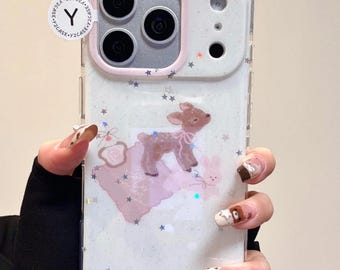 Cute Glitter Fawn Deer Case with Pink Star Charm, Soft Coquette Bow Cover iPhone 17 16 15 14 13 Pro Max, Kawaii Bambi Aesthetic Gift