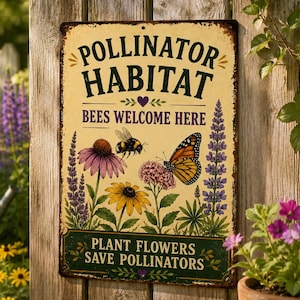 May include: A rectangular metal sign with a cream background featuring the text POLLINATOR HABITAT, BEES WELCOME HERE, and PLANT FLOWERS SAVE POLLINATORS. The design includes illustrations of a bumblebee, a monarch butterfly, and flowers.