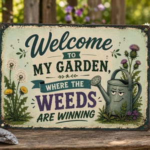 Funny Garden Metal Sign, Welcome Weeds Are Winning, Rustic Yard Decor