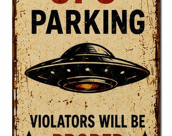 Retro UFO Parking Tin Sign, Alien Wall Decor, Sci-Fi Metal Poster, Man Cave Bar