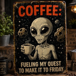May include: A distressed metal sign with the word "COFFEE:" in orange. It features an alien holding a coffee mug, with the text "FUELING MY QUEST TO MAKE IT TO FRIDAY." The sign also includes icons for premium quality, weather resistance, easy to hang, and fade resistance.