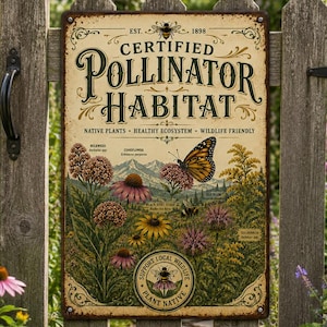 Certified Pollinator Habitat Metal Sign, Native Plant Garden Decor, Monarch Butterfly Wall Art
